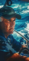 Elderly man sailing on a boat in the open ocean, focusing on steering the vessel with a backdrop of blue water and waves.