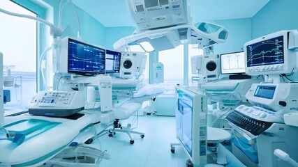 Medical equipment in a hospital laboratory including monitors, computers, ultrasound, and x-ray machines