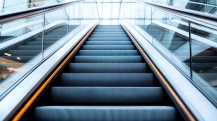 A sleek, empty escalator captured in a modern setting with glossy surfaces, leading up to an unknown area, representing transportation and movement in urban architecture.