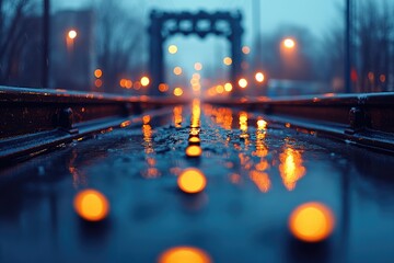 Reflected city lights in a puddle on a wet bridge