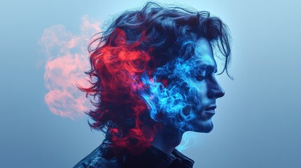 Side profile of man with red and blue smoke effects