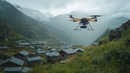 A drone navigating rugged terrain to deliver supplies to a remote mountain village, highlighting logistical innovation.