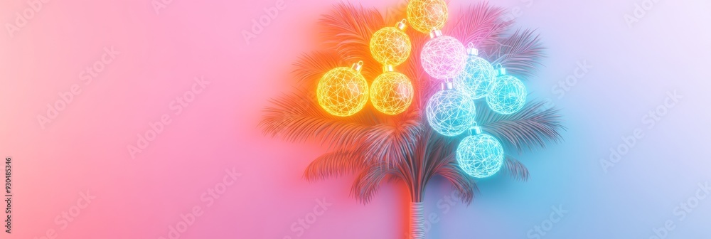 Aufkleber neon tropical christmas glowing palm tree with ornaments on white background in pink and blue tones 