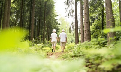 Elderly Caucasian Couple Walking Hand in Hand Through Serene Forest Path, Morning, Showing Contentment and Joy