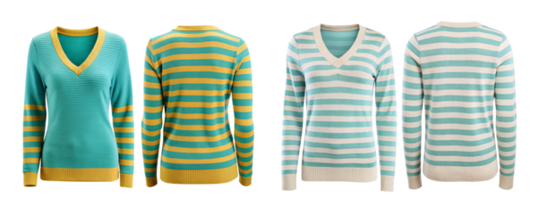 Stripe Long Sleeve V-Neck Sweater for Women – Front, Back, and Side Views on Transparent Background