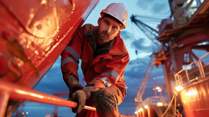 Obraz premium Industrial worker in protective gear operates on a dockyard, ensuring safety and precision in a vibrant maritime environment at dusk.