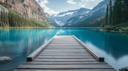 Wooden Dock Extending into Serene Turquoise Lake with Majestic Mountain Range in Background - A wooden dock extends into a serene turquoise lake, surrounded by majestic mountains. The water is crystal