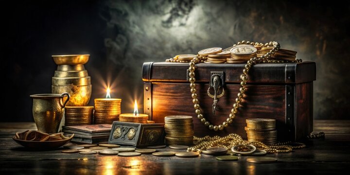 A dark, moody image depicting the concept of greed and desire for wealth, featuring money, material possessions, obsession, avarice, sin, and materialism