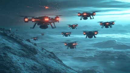 Fototapeta premium A fleet of military drones on a mission, carrying supplies across a hostile environment.