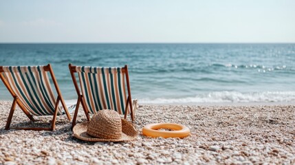 Depicted are two wooden beach chairs with green and white striped fabric, positioned on a pebbled beach facing the sea. A straw hat and an inflatable float lie nearby, evoking tranquility.