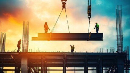 A crane lifting a steel beam into place on a skyscraper under construction, with workers guiding it