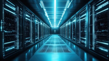 A modern data center features rows of glowing servers, creating a high-tech ambiance in a meticulously organized space
