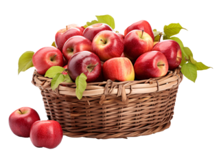 a basket of apples with leaves