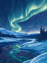 Obraz premium A serene winter landscape featuring the Northern Lights illuminating a snowy river scene.