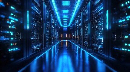 Fototapeta premium A futuristic data center features glowing servers lined along a reflective corridor, showcasing advanced technology and efficient design
