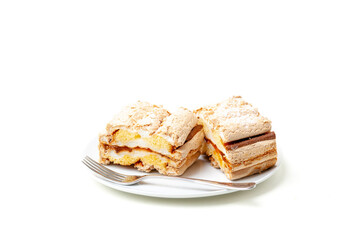 Delicious Layered Cake Dessert On A White Plate With Fork
