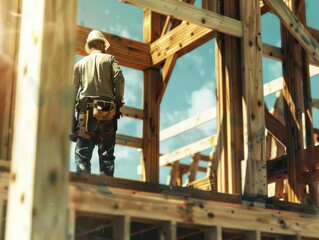 Construction worker on site, building wooden framework under clear sky. Industry, labor, and teamwork concept.