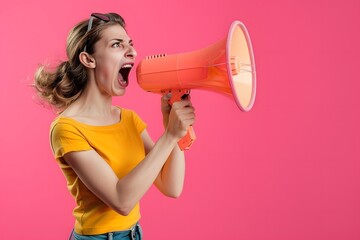 Young Woman Shouting Into Megaphone on Pink Background