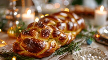 A beautiful loaf of challah bread, braided and golden brown, on a festive table