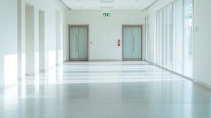 Obraz premium Bright Office Building Hallway with Safety Measures Showcasing Fire Exits, Extinguishers, and Smoke Alarms
