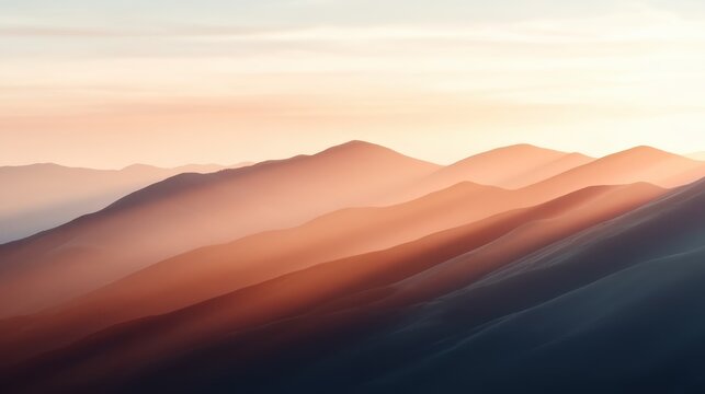 The photograph captures the golden hues of dawn light softly cascading over a series of mountain peaks, creating a warm and tranquil scene reminiscent of a dreamscape.