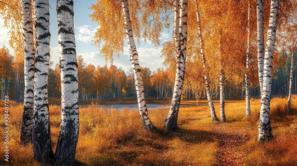 Wall mural autumn landscape with birch trees. ai generation