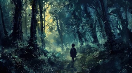 Obraz premium A child walking through a forest, with trees that have faces and speak in whispers