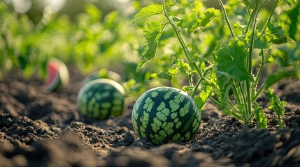 Green watermelon plants on the ground 