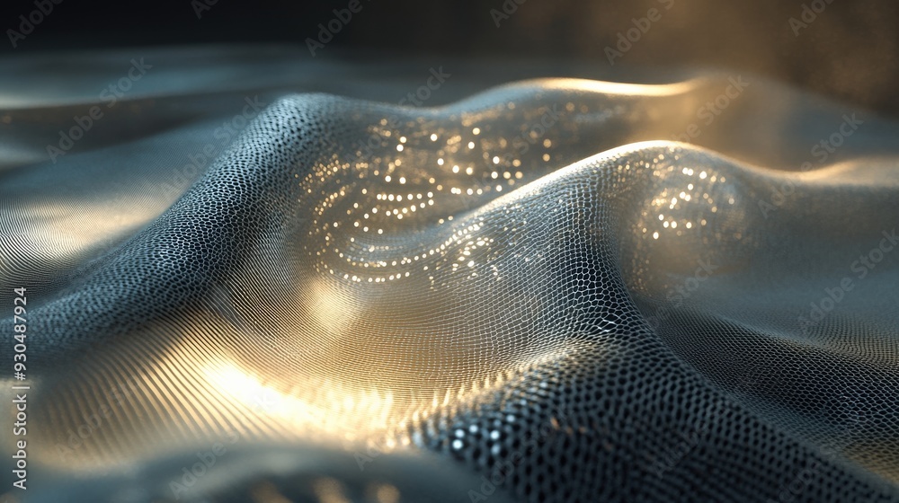 Poster The scene displays undulating textures with luminous patterns, creating a futuristic landscape filled with ethereal light and depth