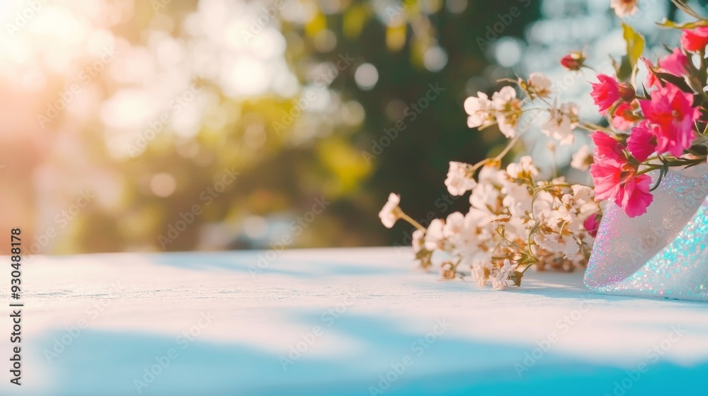 Poster tranquil pastel-styled product display table with gentle wildflowers in serene outdoor setting - sof