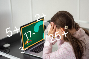 Schoolgirl at her desk. Back to school. Teaching mathematics at school. Student video conference of...