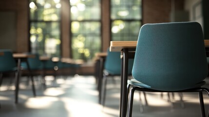 A spacious classroom filled with empty blue chairs and wooden desks, bathed in sunlight from large windows, creating a peaceful and organized educational space.
