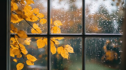 Raindrops and yellow leaves on the window in the autumn park landscape. Ai generation