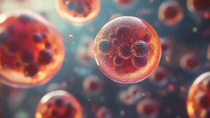 Naklejka premium Vibrant close-up of microscopic cells, showcasing intricate structures and diverse colors, symbolizing life and biological processes.