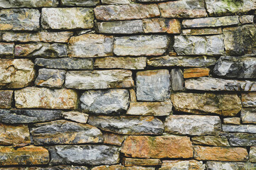 Many different size of rectangle brown grey stone wall for abstract background and texture for interior or exterior design. Beautiful patterns, space for work, banner, wallpaper close up.