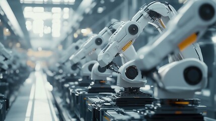 Fototapeta premium Industrial robotic arms in a factory setting, representing automation and technology.