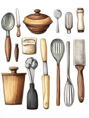 Watercolor Illustration of Kitchen Utensils and a Pot