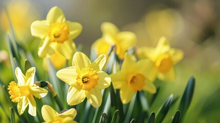 Obraz premium A close-up of yellow daffodils blooming in the early spring, signaling the arrival of warmer days