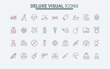Military technology and equipment line icon set. Weapon ammunition of war, tank and drone, missile and bomb, helmet and gun of army soldier thin black and red outline symbols vector illustration