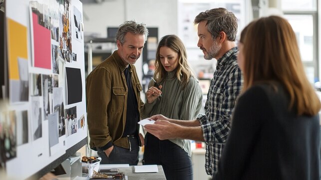A creative director reviewing a branding presentation with a team, focusing on consistency and visual identity - Powered by Adobe