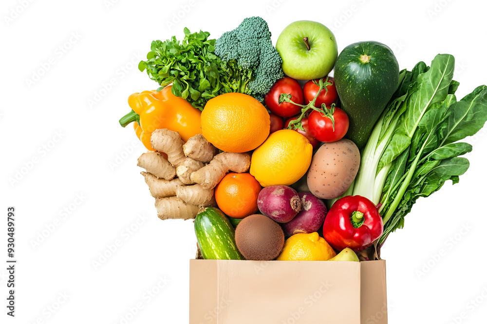 Sticker healthy food background. healthy food in paper bag vegetables and fruits on white. shopping food sup