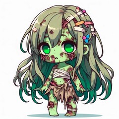 cartoon zombie girl with green skin on a white background