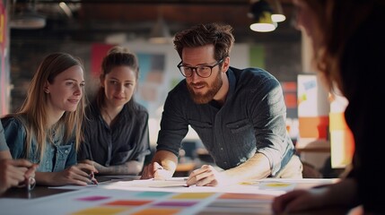A creative director reviewing a branding presentation with a team, focusing on consistency and visual identity