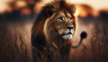 Fototapeta premium A majestic Lion walking through the African Savanna. Generative AI.
