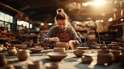 A woman is crafting pottery in a well-lit workshop filled with various clay pots and bowls. She is focused on shaping a ceramic bowl while wearing an apron.
