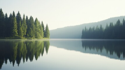 Obraz premium Peaceful Forest Bathing by a Tranquil Lakeside in Soft Morning Light Nature Therapy and Outdoor Relaxation Scene for Stock