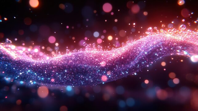 Abstract wave of glowing pink and purple particles in motion