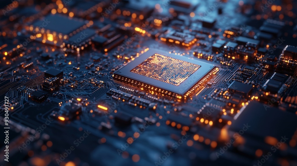 Poster a futuristic circuit board features a central quantum processor surrounded by intricate pathways and