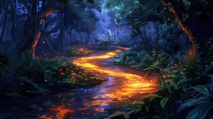Fototapeta premium A glowing river winding through a dark forest, lighting up the surrounding trees and plants