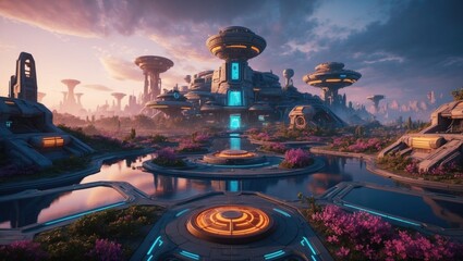 Game art abstract sci-fi buildings on an alien planet in panoramic view